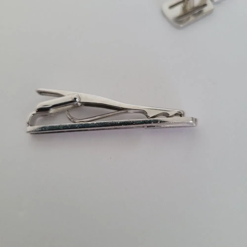 Lancel French Tie Clip Cufflinks Set‎ Silver Tone Logo